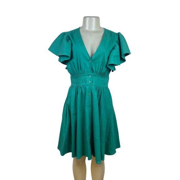 Chelsea 28 Green Women’s Ruffled Sleeve Fit & Flare Button Front Dress Size S - Picture 1 of 9